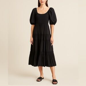 La Ligne Black Smocked Puff Sleeve Midi Dress